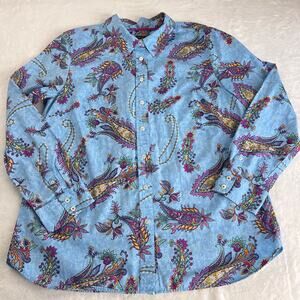 Talbots Blue Paisley Button Down Shirt Blouse Size Large